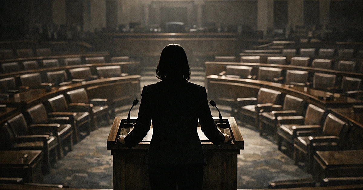 Silhouetted figure at podium facing empty legislative chamber desks with dramatic overhead lighting