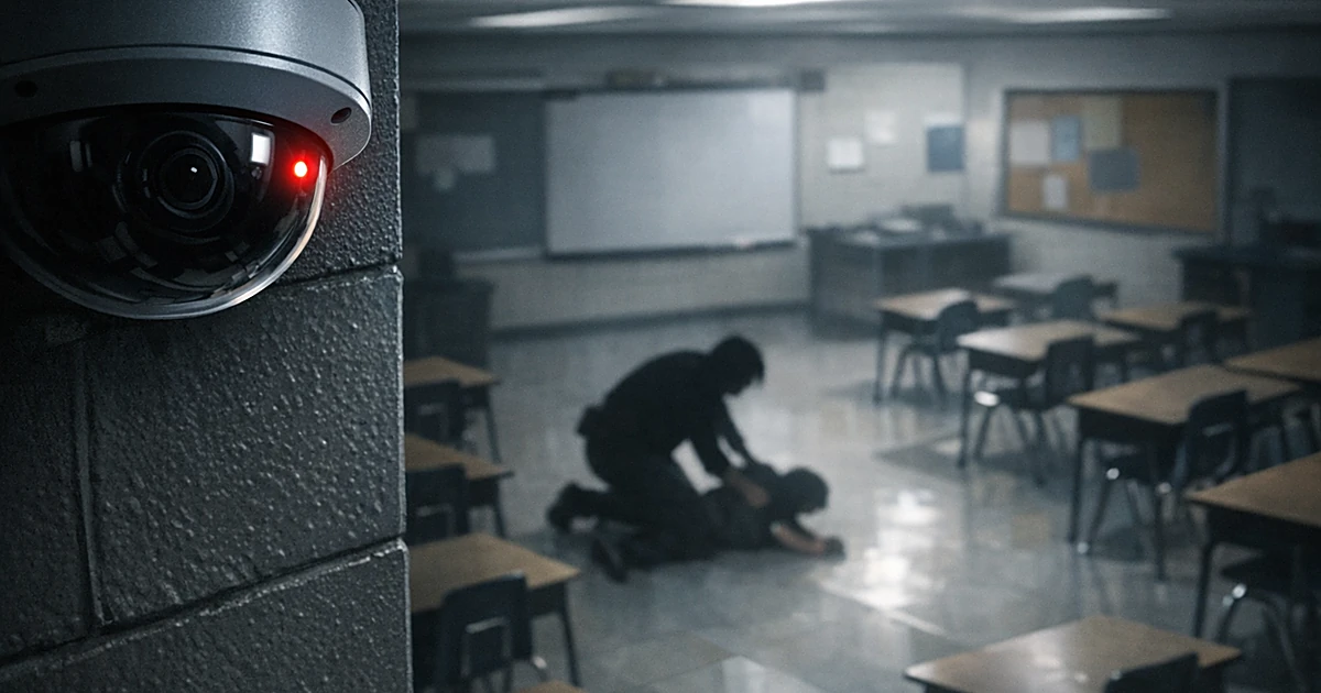 Security camera mounted in empty classroom corner with desks and institutional lighting creating somber atmosphere