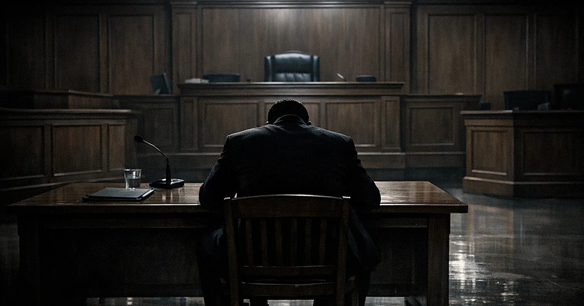 Silhouette of person at defendant's table in empty courtroom with judge's bench looming above