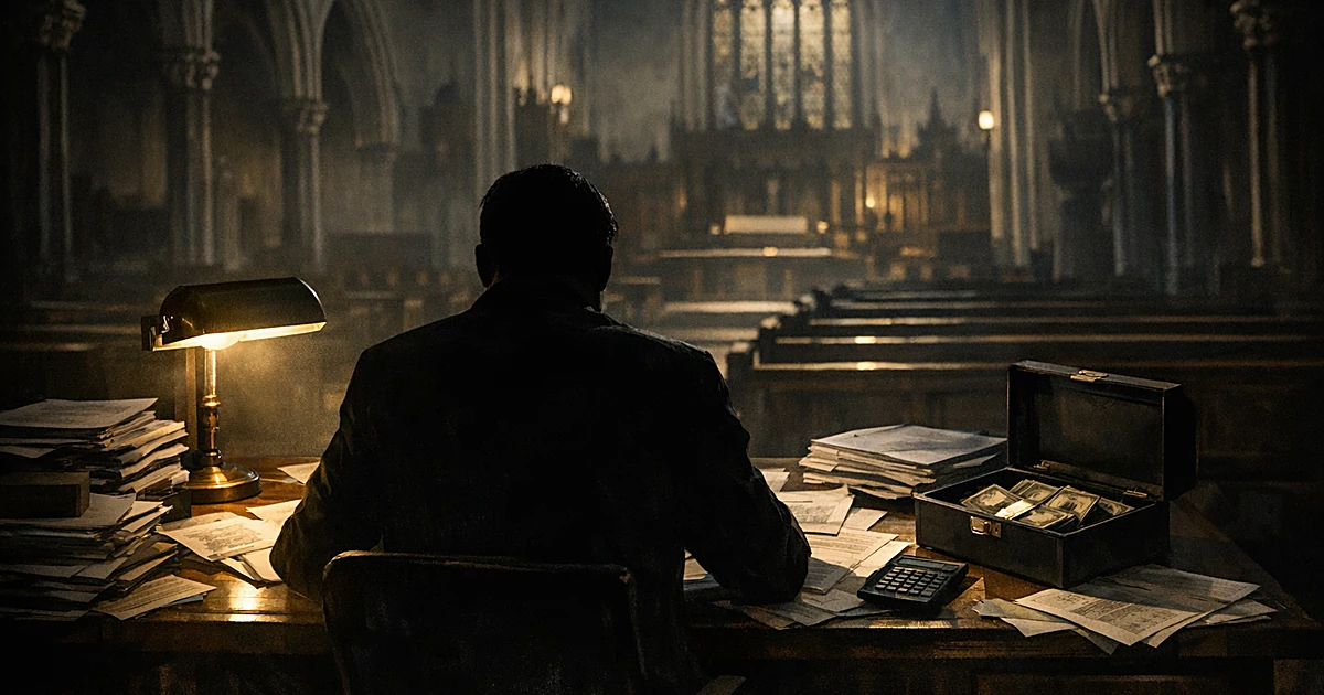 Silhouetted figure at desk with financial documents inside empty church interior with Gothic arches