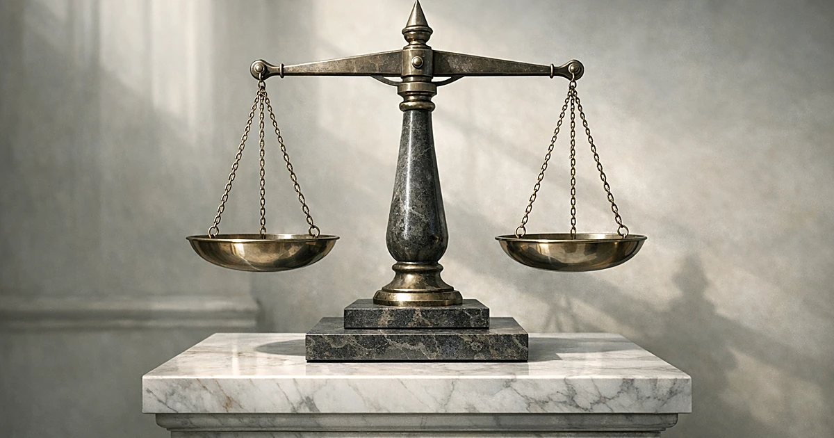 Abstract stone scales of justice on marble pedestal with soft natural lighting