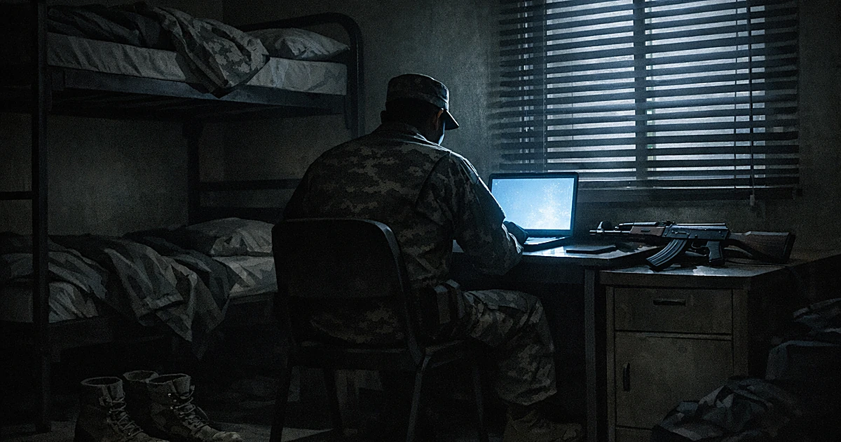 Dark military barracks room with laptop on desk casting blue light, combat boots on floor, creating isolated atmosphere