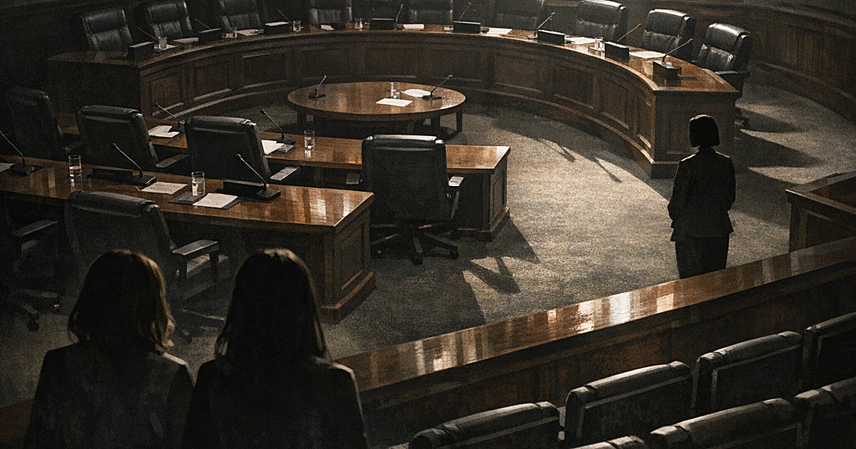 Empty council chamber with vacant chairs casting long shadows in dramatic lighting