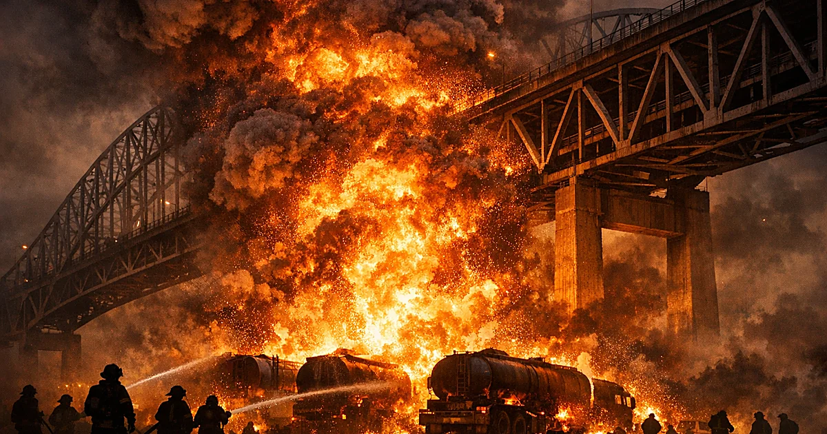 Fireball erupts beneath bridge span with fuel tankers burning and emergency responders silhouetted in foreground