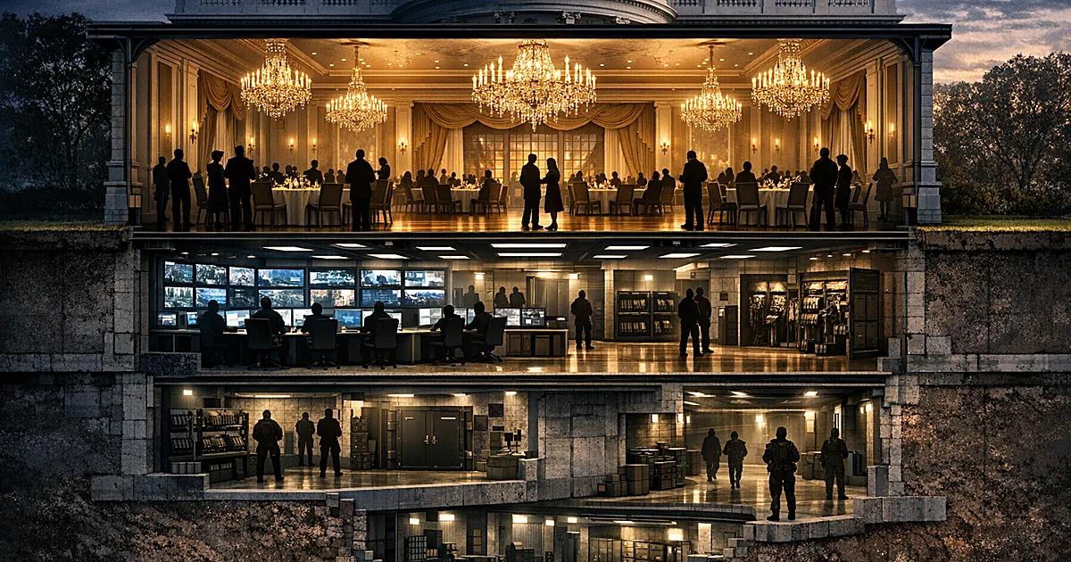 Architectural cutaway showing grand ballroom above ground with fortified security complex in underground levels below
