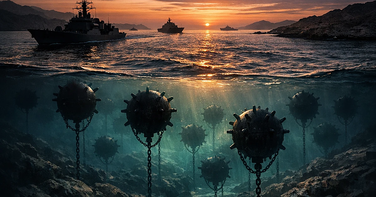 Aerial view of naval vessels in strait with underwater mines visible beneath the surface at sunset