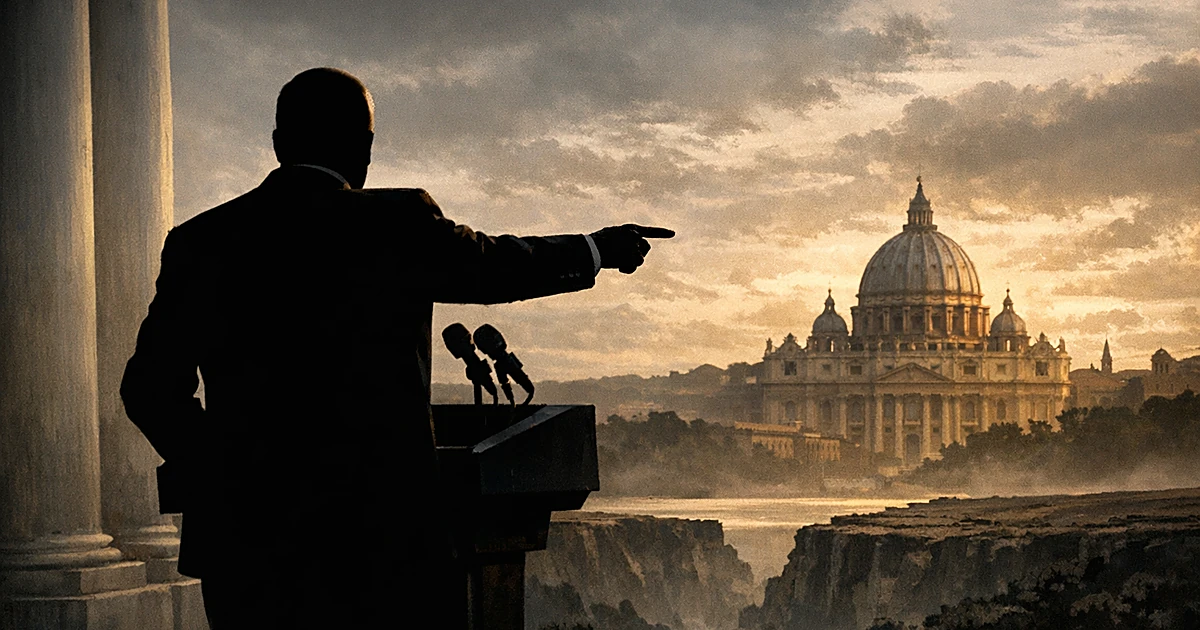 Silhouetted official at podium with distant cathedral dome in background, symbolizing church-state tension