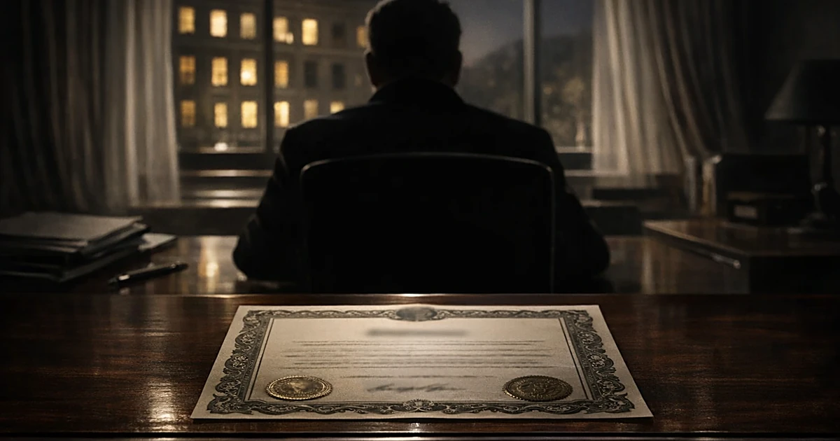Silhouetted figure at desk with official pardon document, viewed from behind in shadowy room with window