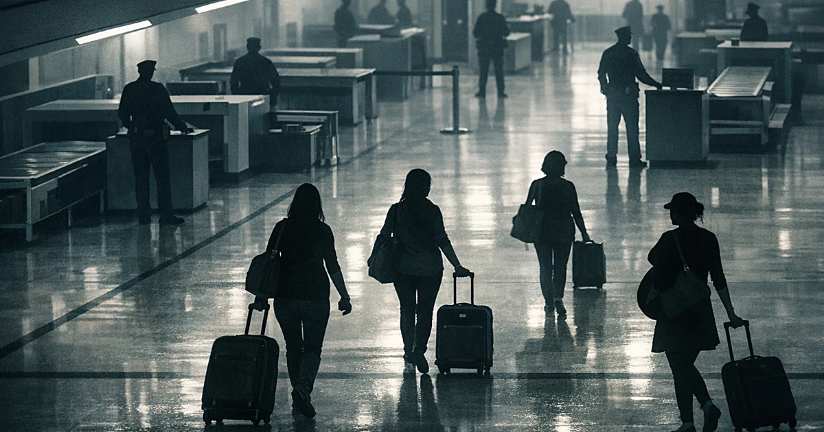 Silhouetted pregnant travelers with luggage walking through airport customs area under fluorescent lighting