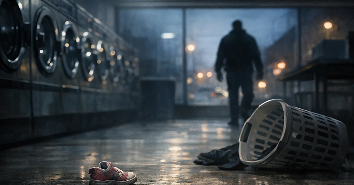 Empty laundromat with washing machines and abandoned child's shoe on floor, silhouette visible through window