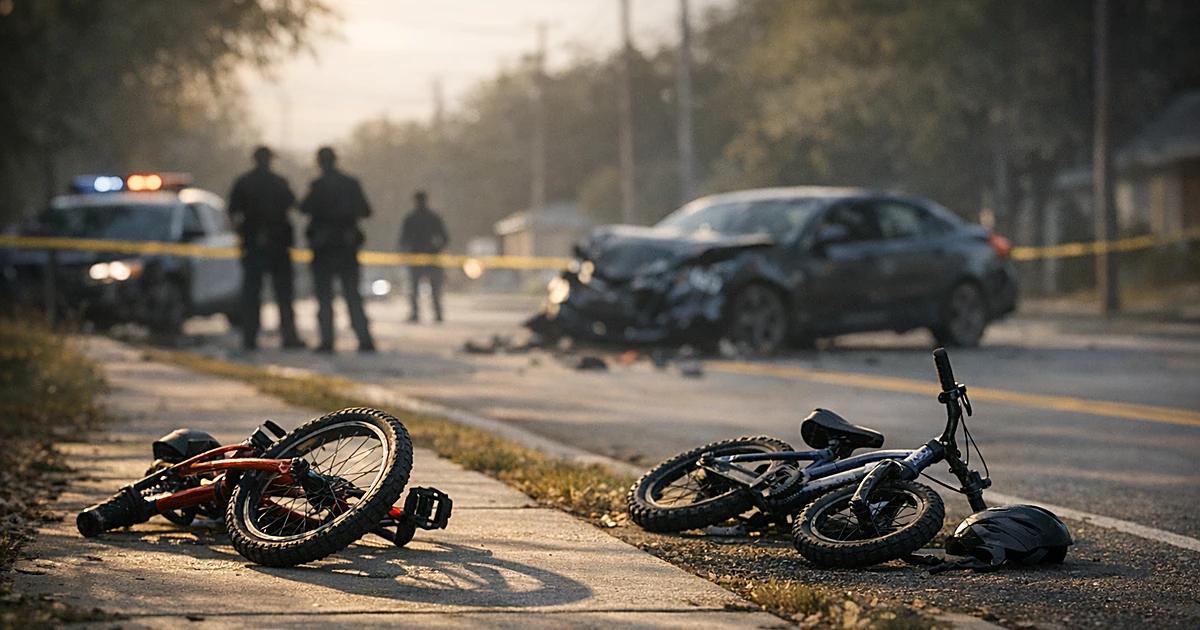 Two abandoned children's bicycles on a sidewalk beside a road, one lying on its side with shadows across pavement