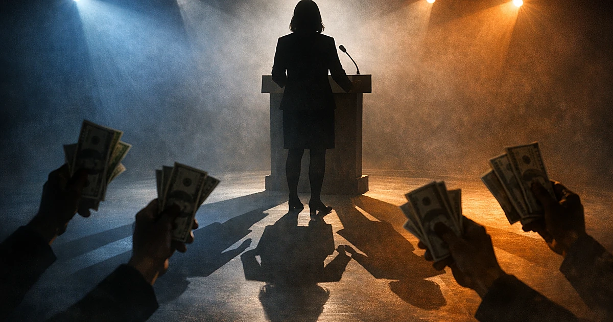 Silhouetted speaker at podium with multiple colored spotlights casting different shadows, hands holding money in foreground