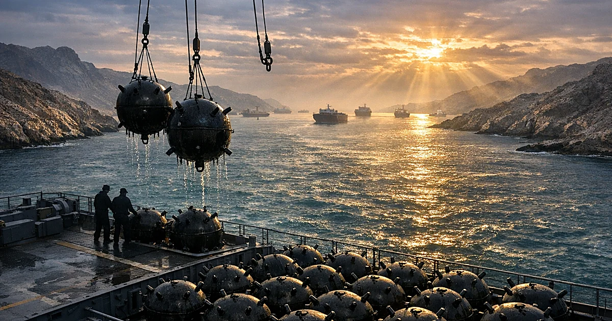 Aerial view of sea mines being removed from Strait of Hormuz waters onto naval vessel with tankers in background