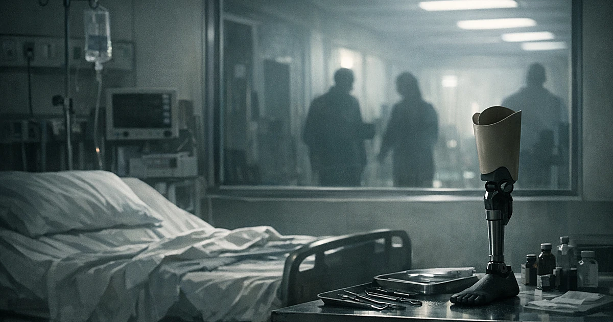 Empty hospital bed with medical equipment and prosthetic leg in dimly lit medical facility with silhouettes in corridor