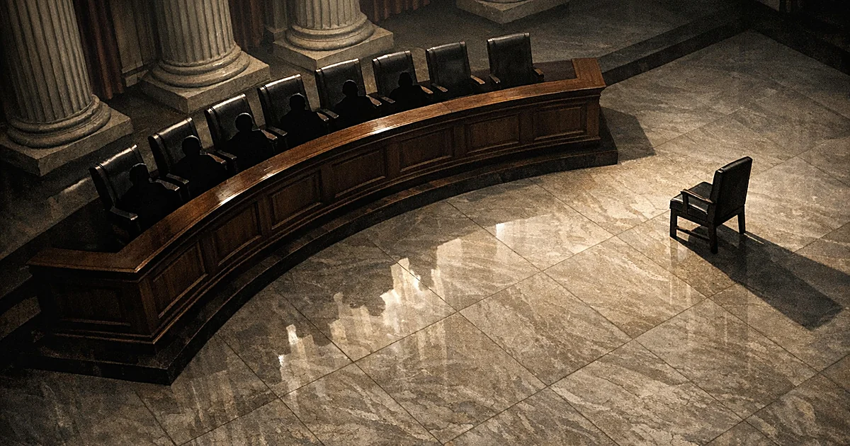 Overhead view of Supreme Court bench with eight chairs grouped together and one chair standing alone, separated