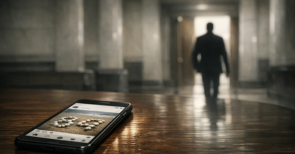 Smartphone showing seashell image on social media, with silhouetted figure walking toward federal building interior