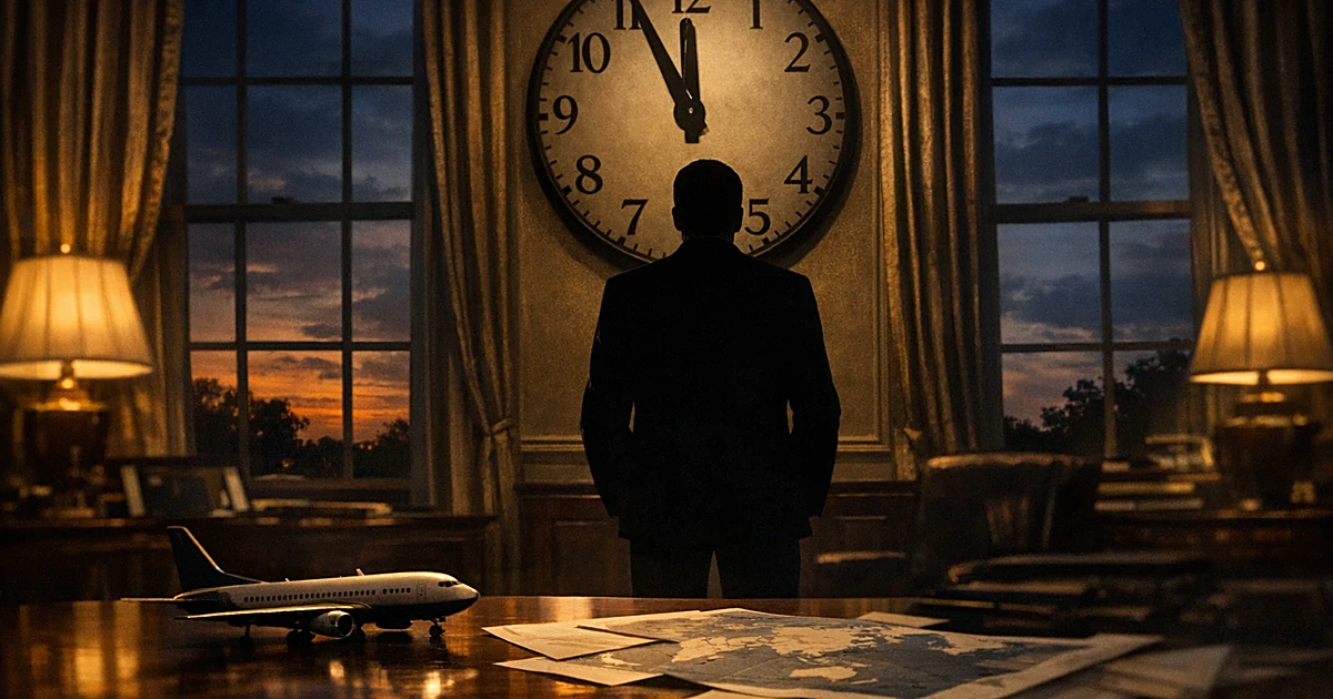 Silhouetted figure in office viewing clock as deadline approaches, with grounded airplane model on table