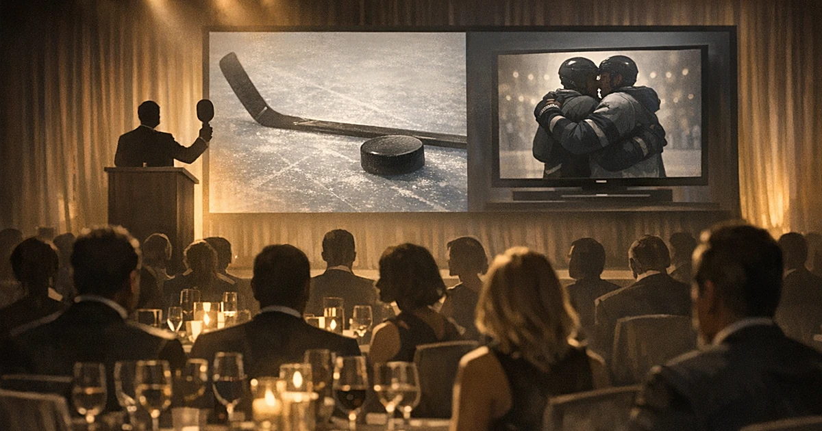 Silhouetted auction attendees at formal gala with stage showing hockey imagery and raised bidding paddle