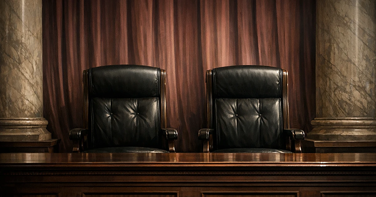 Two empty judicial chairs behind a bench in a courtroom with burgundy curtains, symbolizing continued tenure