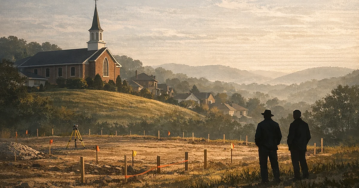 Small church on hillside with empty plot marked for construction in foreground, residential area in background