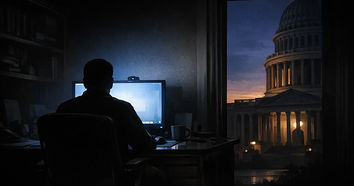 Silhouetted figure at computer in dark room with government building visible through doorway in background