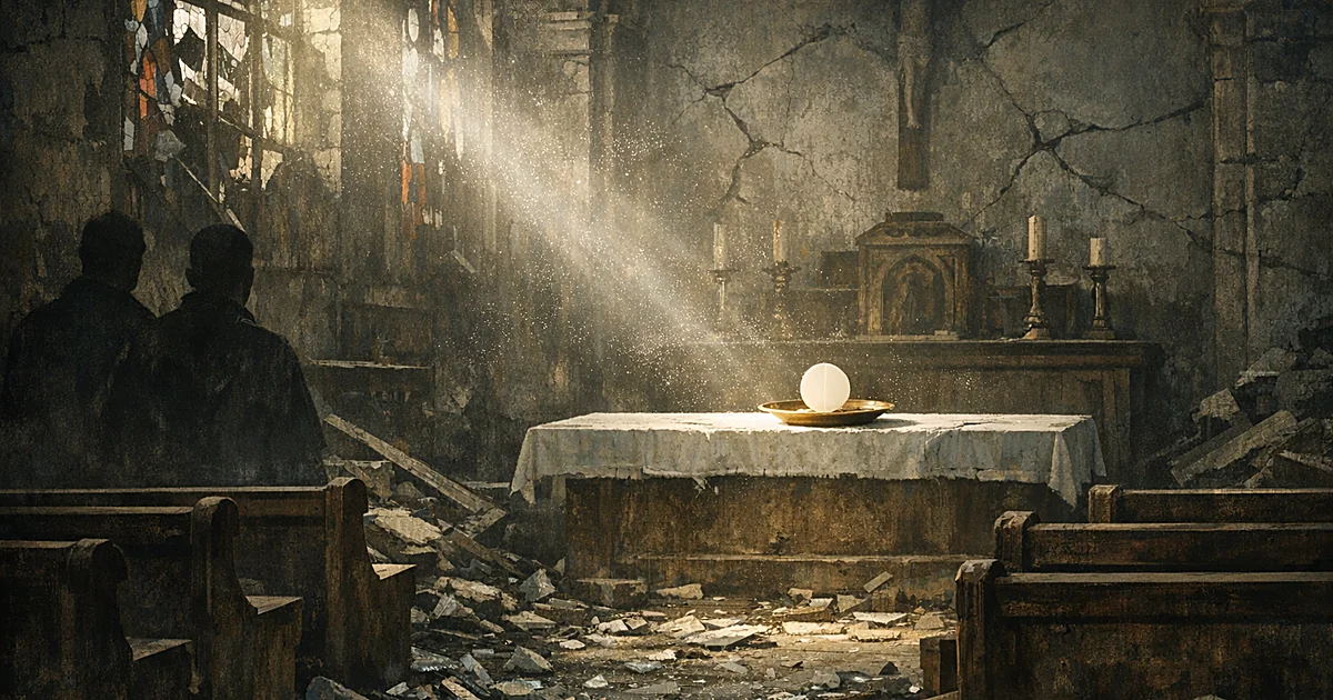 Consecrated host on altar in damaged church with broken windows and debris on floor, illuminated by natural light