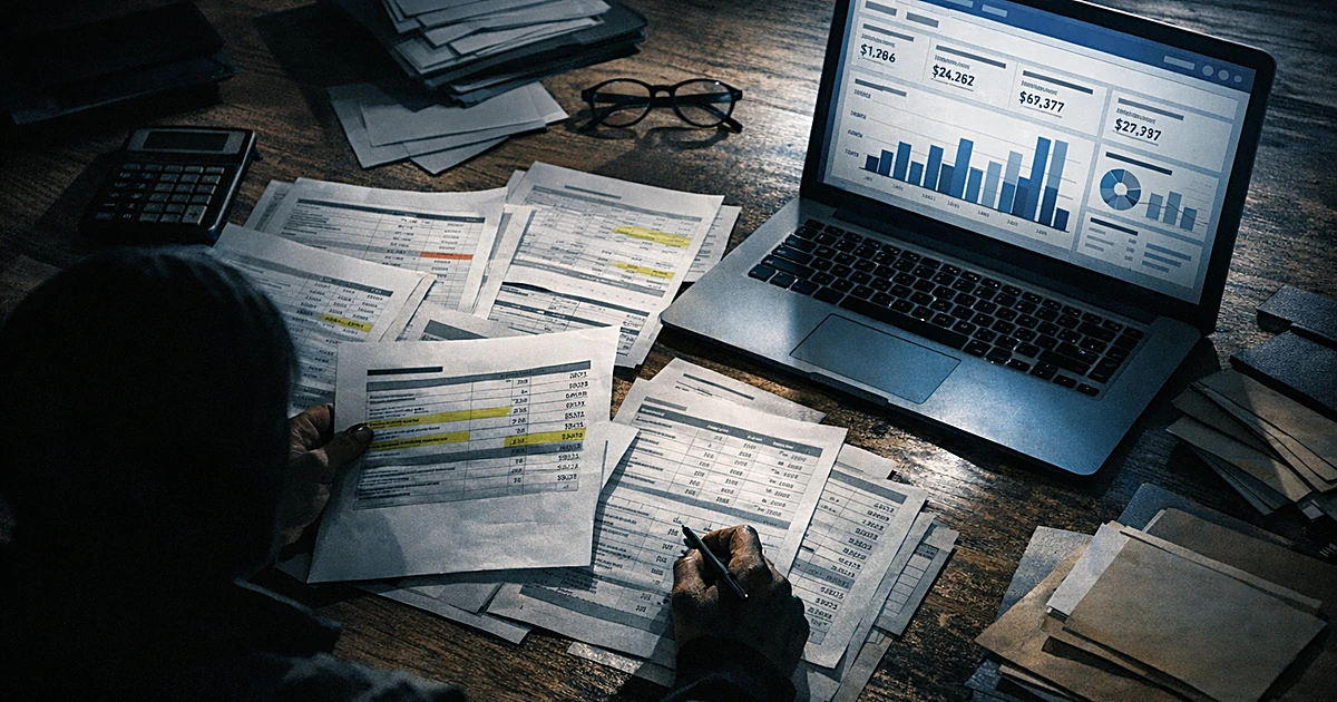 Overhead view of desk with financial documents, laptop showing advertising data, and hands reviewing campaign spending record