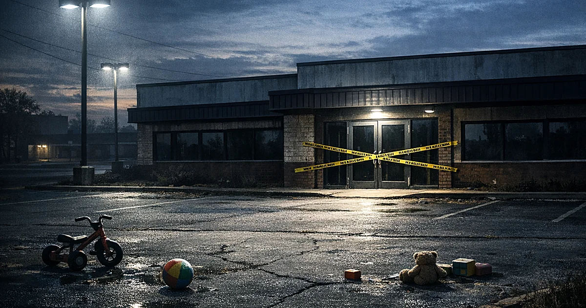 Empty daycare parking lot with FBI tape across doors and abandoned toys on pavement under streetlights