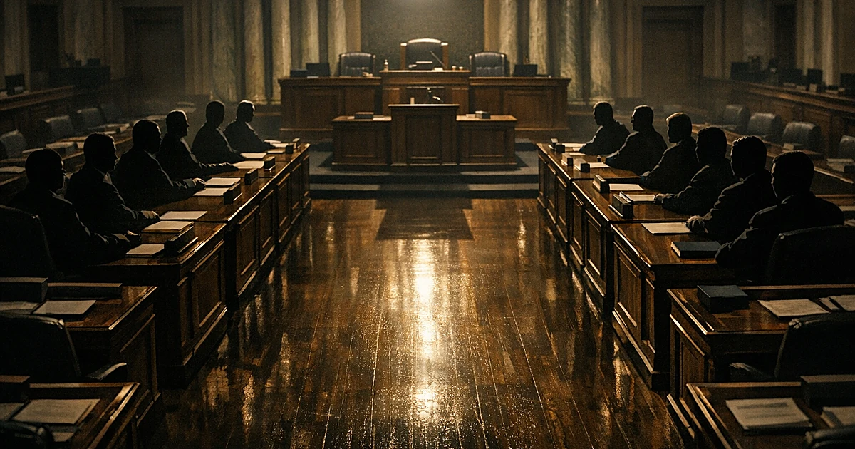 Silhouetted legislators seated in opposing groups across a divided legislative chamber, viewed from above