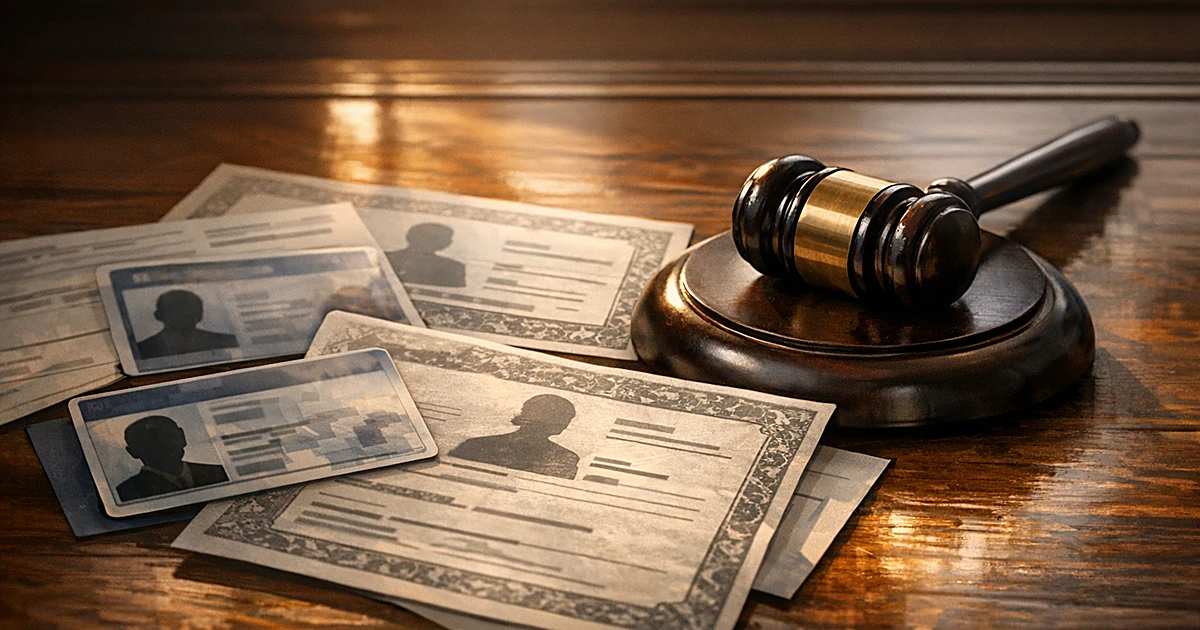 Government ID cards and birth certificates on desk with judge's gavel, lit by natural window light
