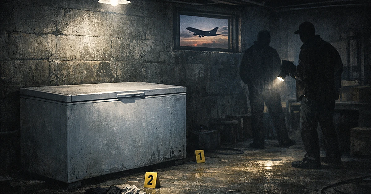 Dark basement with closed freezer under single light bulb, airplane visible through window in background