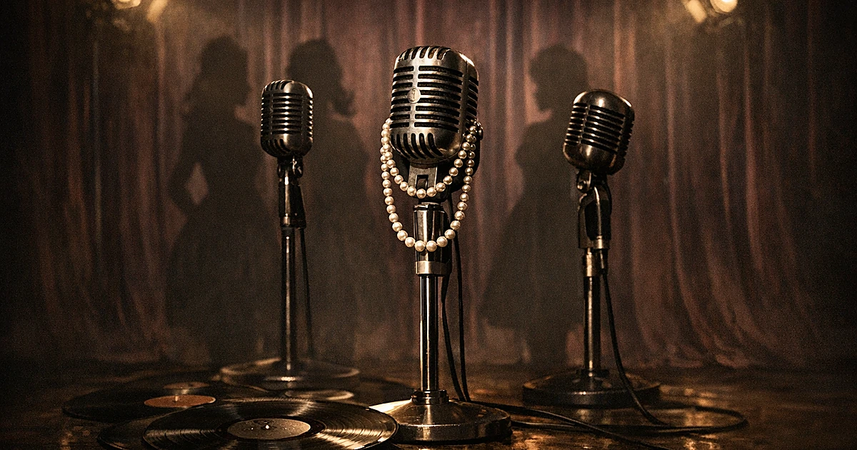 Three vintage microphones on stands with pearls and scattered vinyl records in moody studio lighting