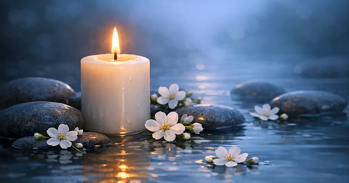 Peaceful memorial scene with candle, stones and flowers on calm water