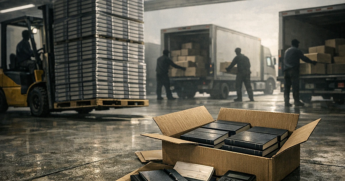 Warehouse with pallets of identical books being loaded, shipping boxes and checkbook in foreground