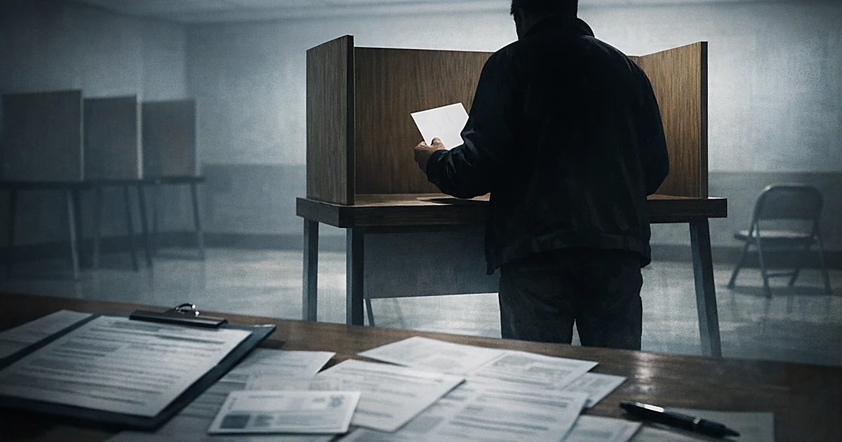 Person seen from behind at voting booth with registration documents on table in foreground