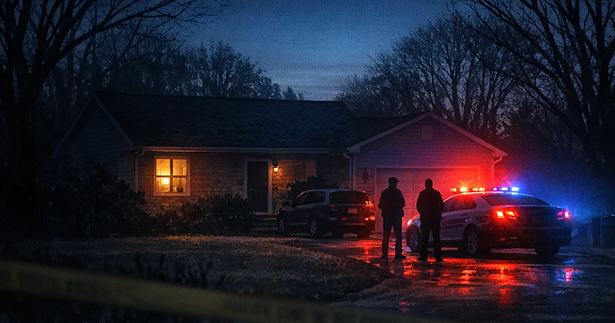 Police car emergency lights illuminating a suburban home's exterior in early morning darkness