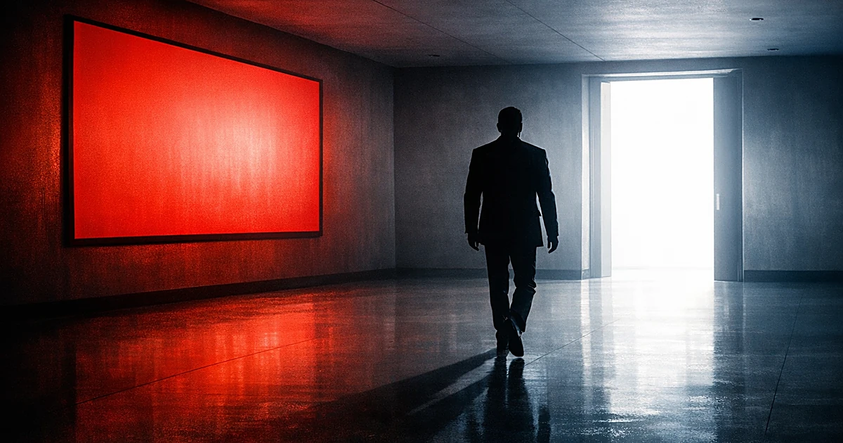 Silhouette walking from red screen toward bright doorway, symbolizing departure from streaming platform