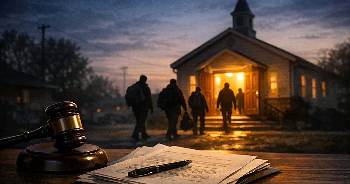 Silhouetted homeless individuals approaching an illuminated church entrance with legal documents and gavel in foreground