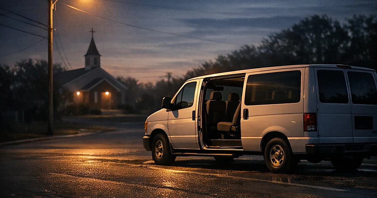 Empty church van with open sliding door parked on dark street at dusk with church building in background