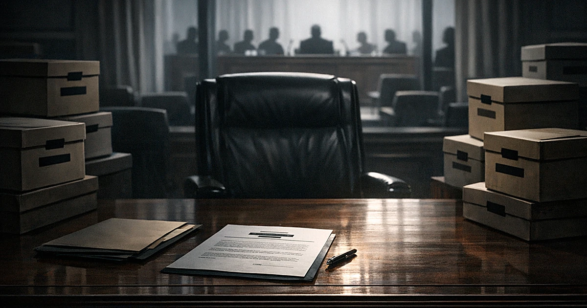 Empty office chair behind desk with document and file boxes, congressional building silhouette visible through windows