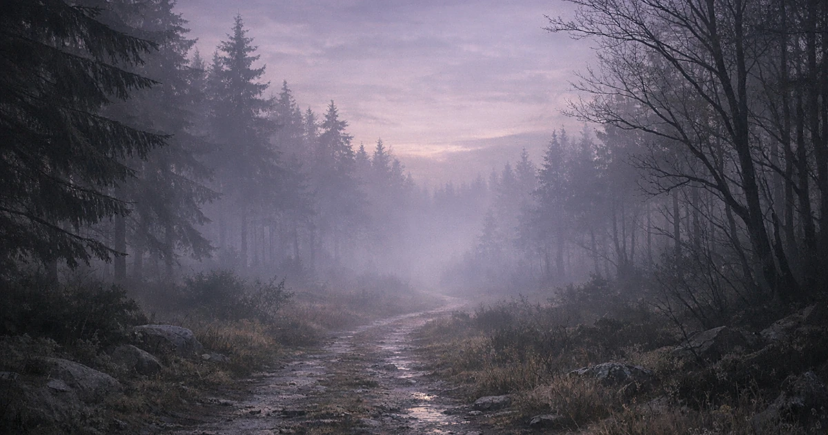 Misty forest path at twilight with soft purple and gray tones