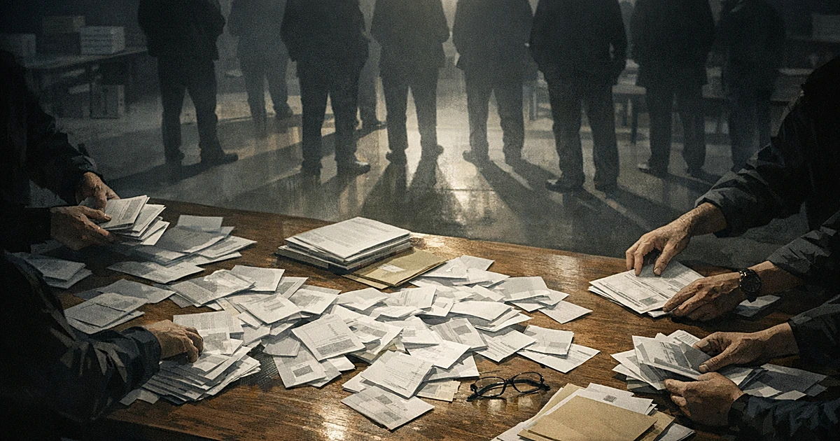 Overhead view of hands counting ballot papers on table with silhouettes of people standing in background