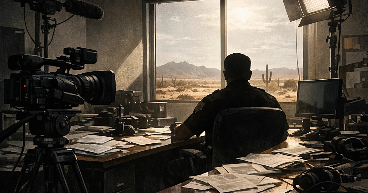 Silhouetted deputy at desk surrounded by TV production equipment with desert visible through window