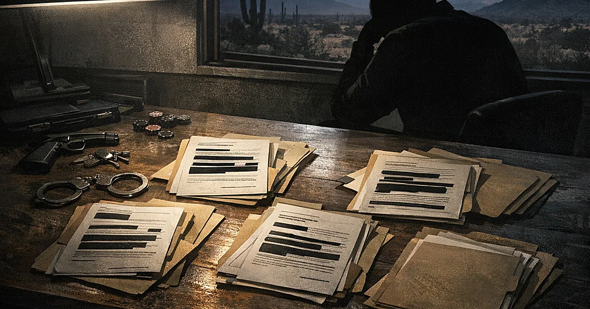 Sheriff's desk covered with disciplinary files and documents, silhouetted figure seated, desert visible through window