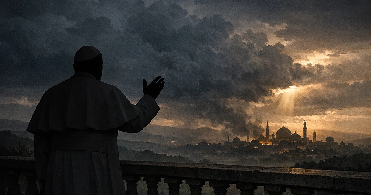Silhouetted papal figure at balcony gesturing toward stormy sky over distant Middle Eastern architecture