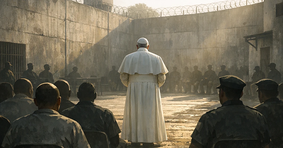 Pope in white robes from behind addressing silhouetted inmates in prison courtyard with concrete walls
