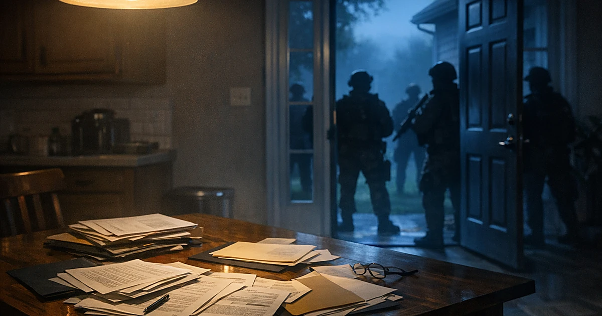 Silhouettes of armed agents at a home's entrance with legal documents on a table in foreground