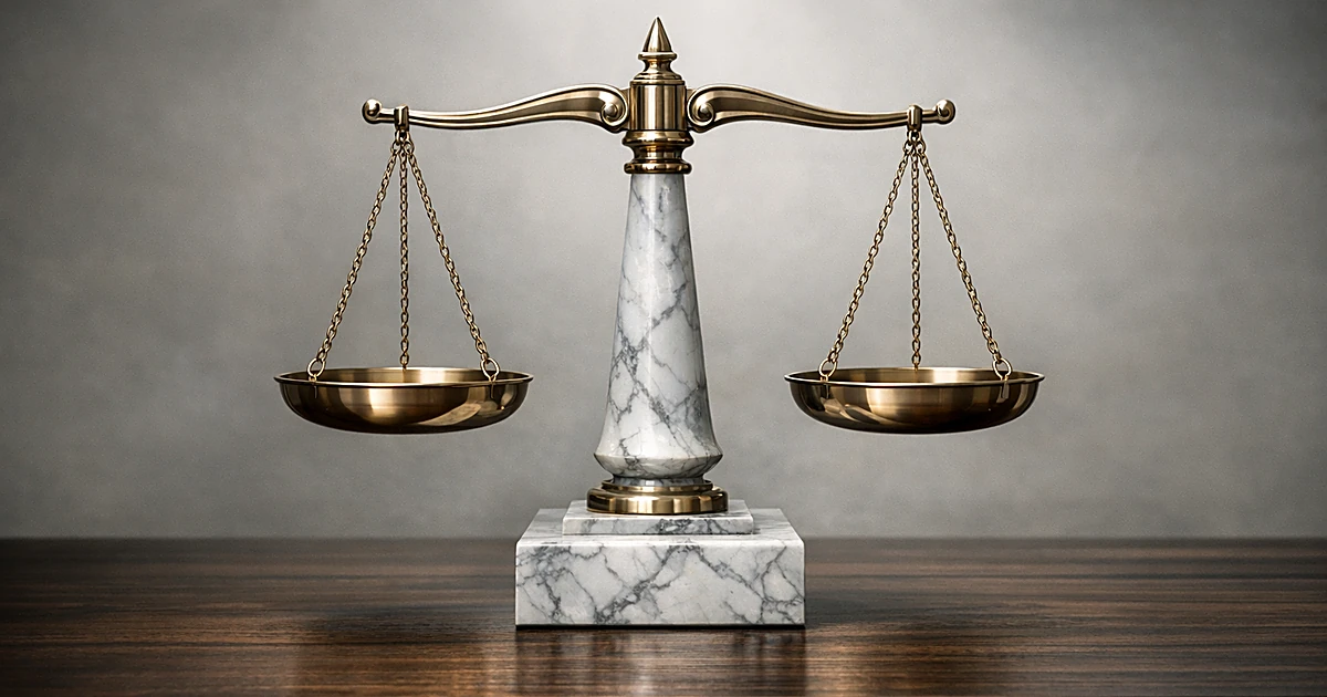 Abstract marble balance scale on wooden surface with soft natural lighting