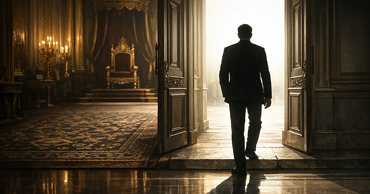 Silhouetted figure standing in palace doorway between ornate interior and bright exterior, one foot in each space