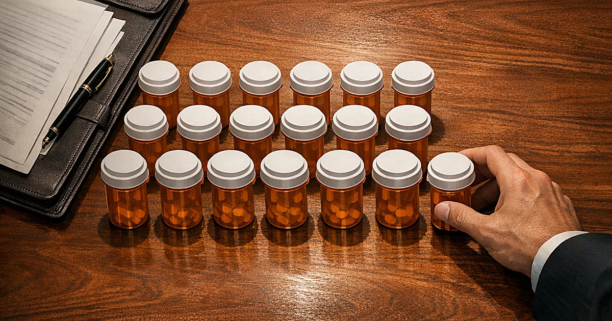 Seventeen prescription medication bottles arranged on desk with hand placing final bottle to complete the collection